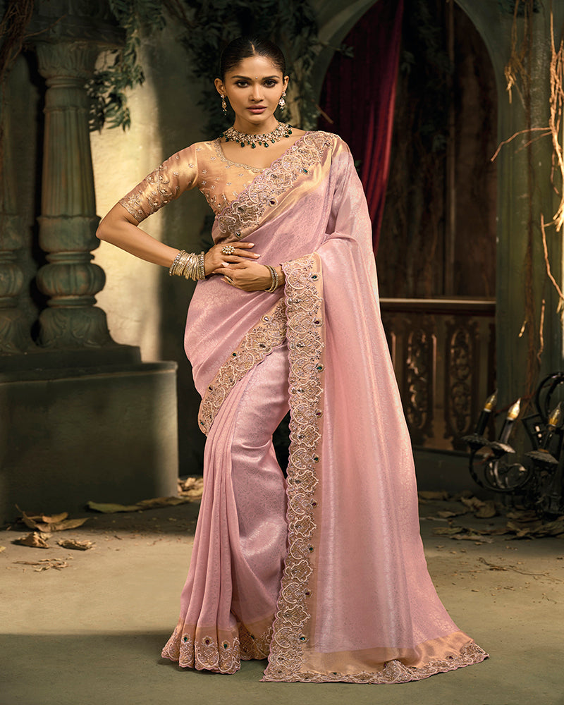 Pink Silk Blend Wedding Saree - Monjolika Fashion