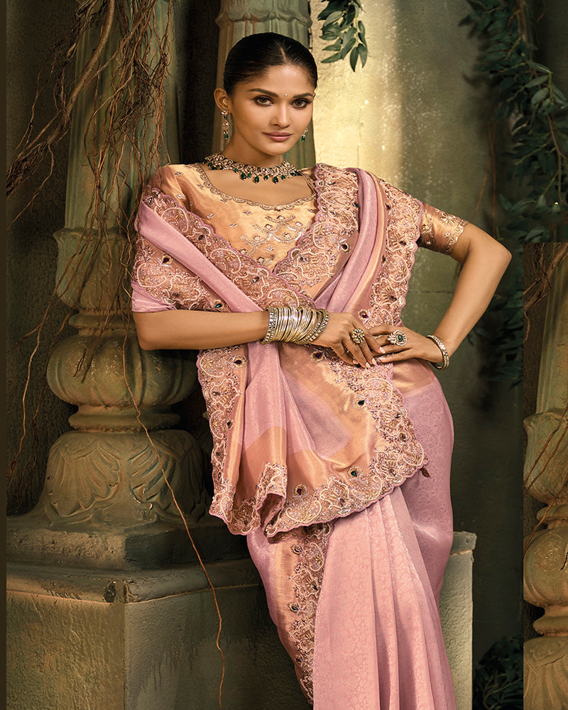 Pink Silk Blend Wedding Saree - Monjolika Fashion