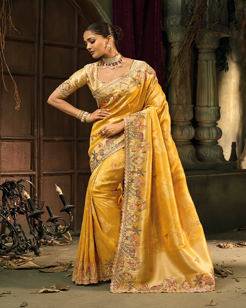 Mustard Silk Blend Wedding Saree - Monjolika Fashion