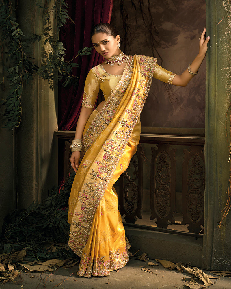 Mustard Silk Blend Wedding Saree - Monjolika Fashion