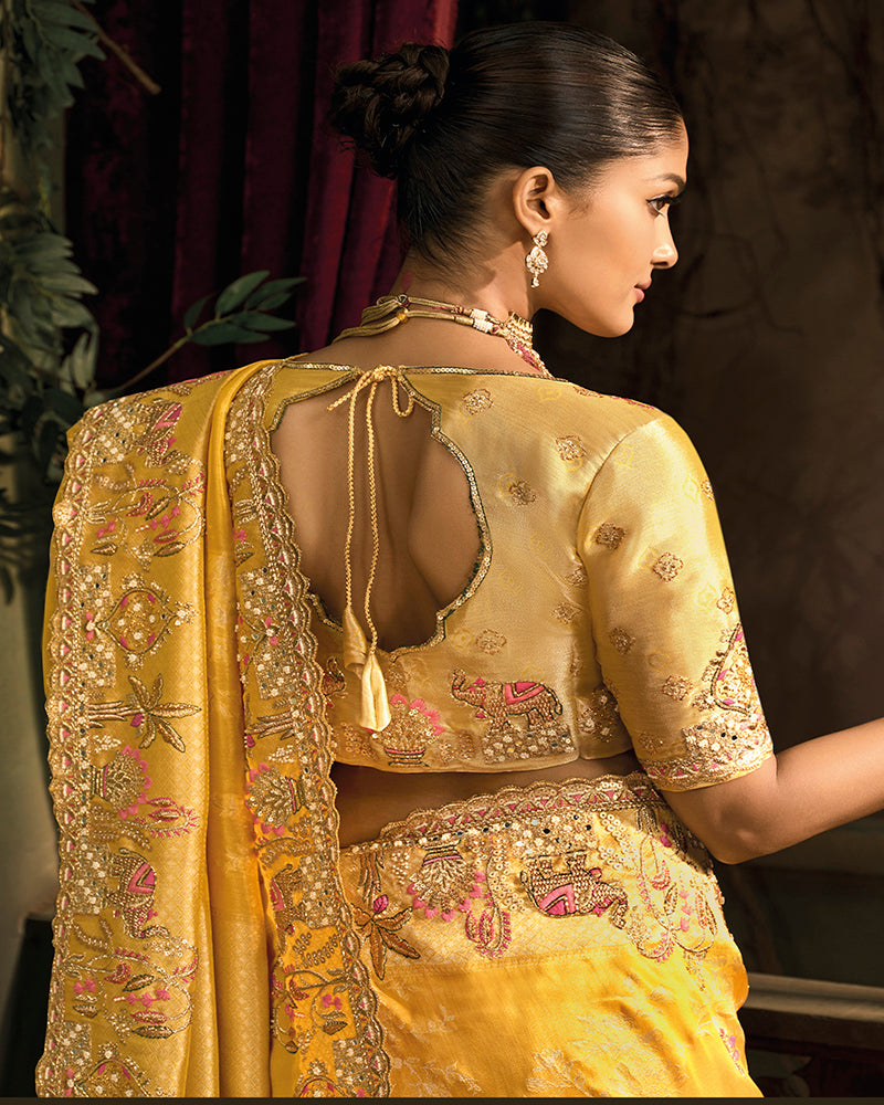 Mustard Silk Blend Wedding Saree - Monjolika Fashion