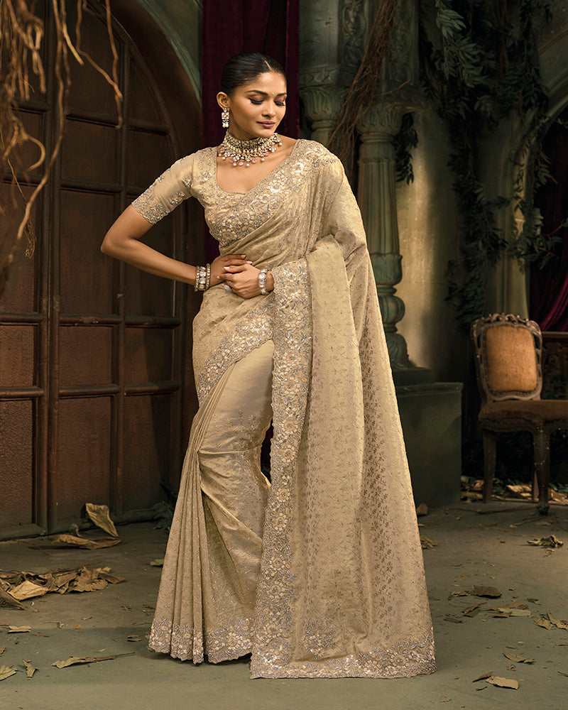 Cream Silk Blend Wedding Saree - Monjolika Fashion