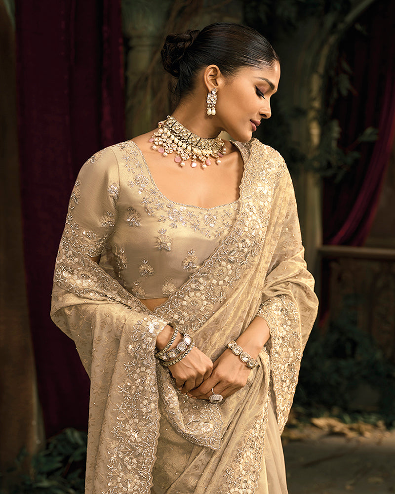 Cream Silk Blend Wedding Saree - Monjolika Fashion