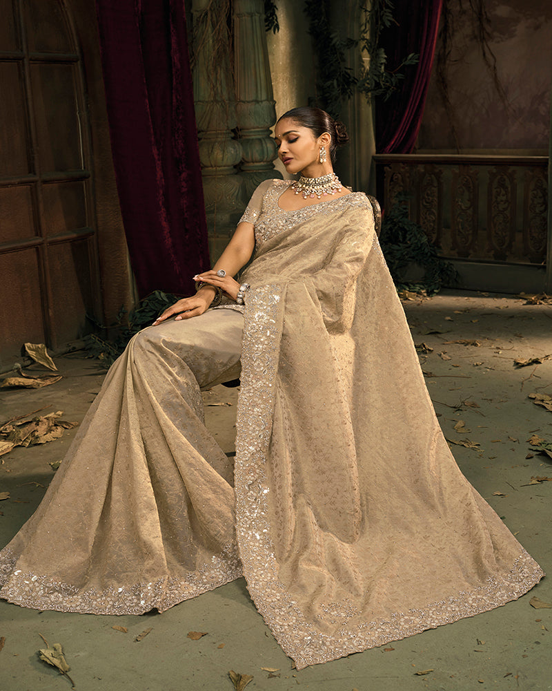 Cream Silk Blend Wedding Saree - Monjolika Fashion