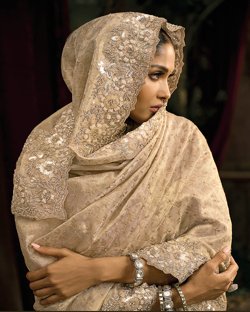 Cream Silk Blend Wedding Saree - Monjolika Fashion