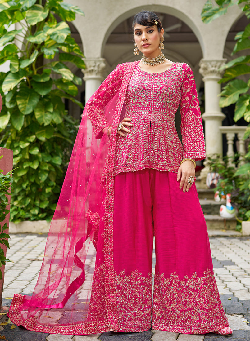 Chinon Embroidered  Rani Pink Readymade Palazzo Suit - Monjolika Fashion
