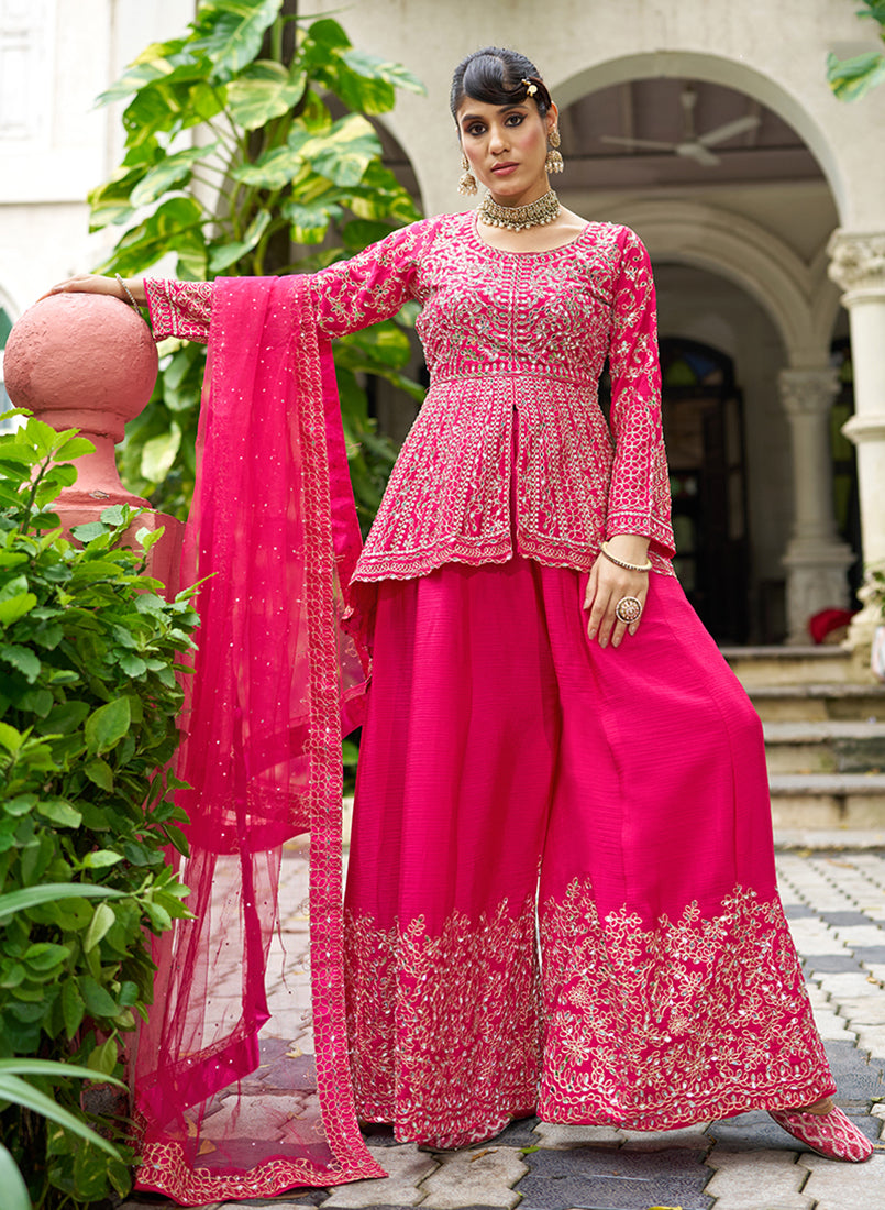 Chinon Embroidered  Rani Pink Readymade Palazzo Suit - Monjolika Fashion