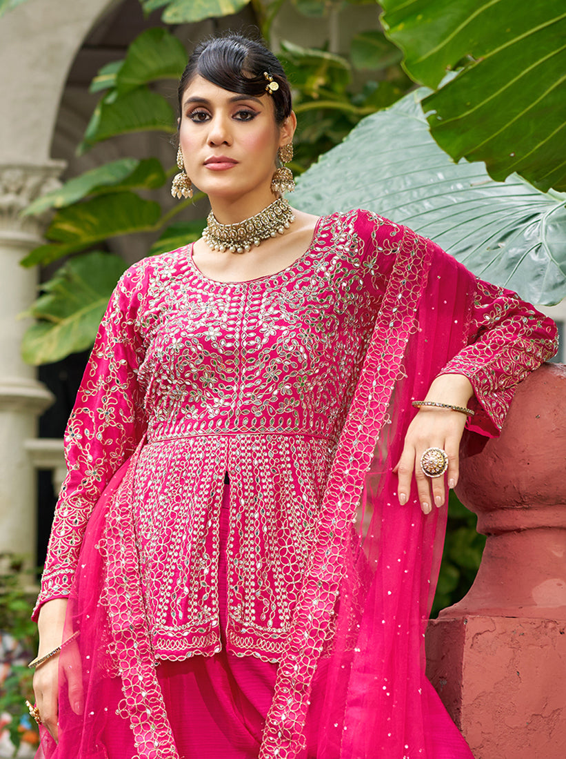 Chinon Embroidered  Rani Pink Readymade Palazzo Suit - Monjolika Fashion