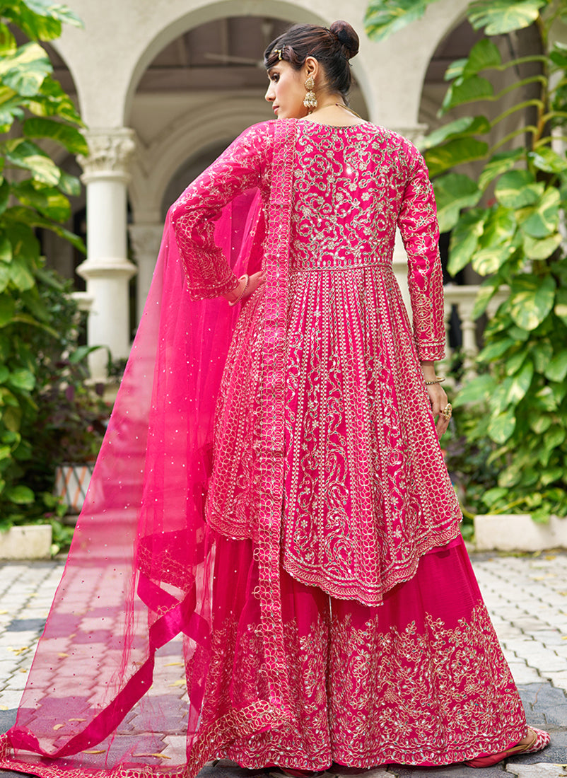 Chinon Embroidered  Rani Pink Readymade Palazzo Suit - Monjolika Fashion