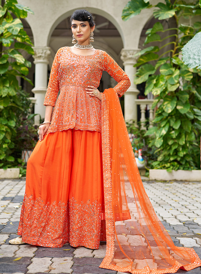 Chinon Embroidered Orange Readymade Palazzo Suit - Monjolika Fashion
