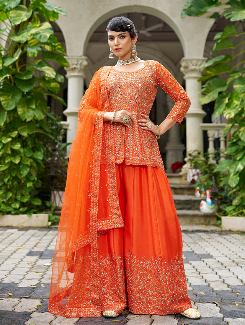 Chinon Embroidered Orange Readymade Palazzo Suit - Monjolika Fashion