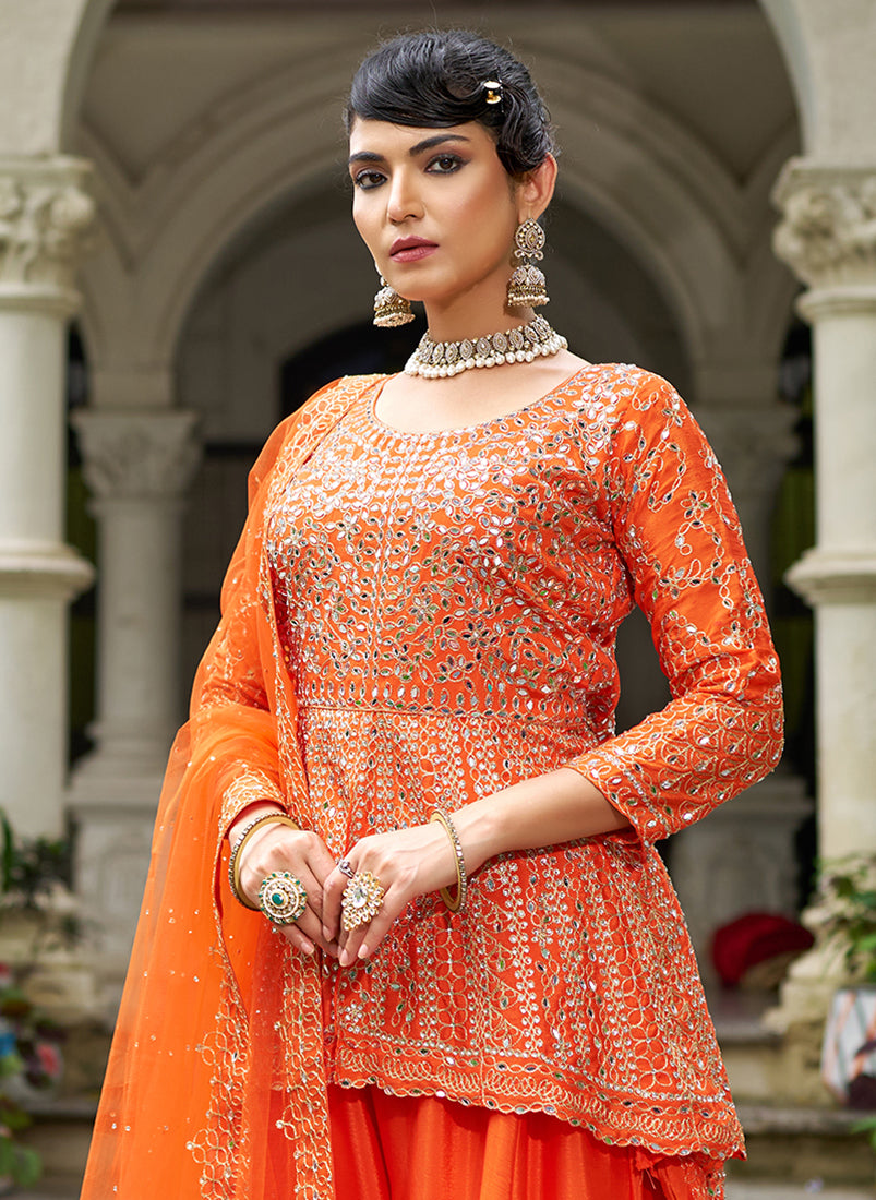 Chinon Embroidered Orange Readymade Palazzo Suit - Monjolika Fashion