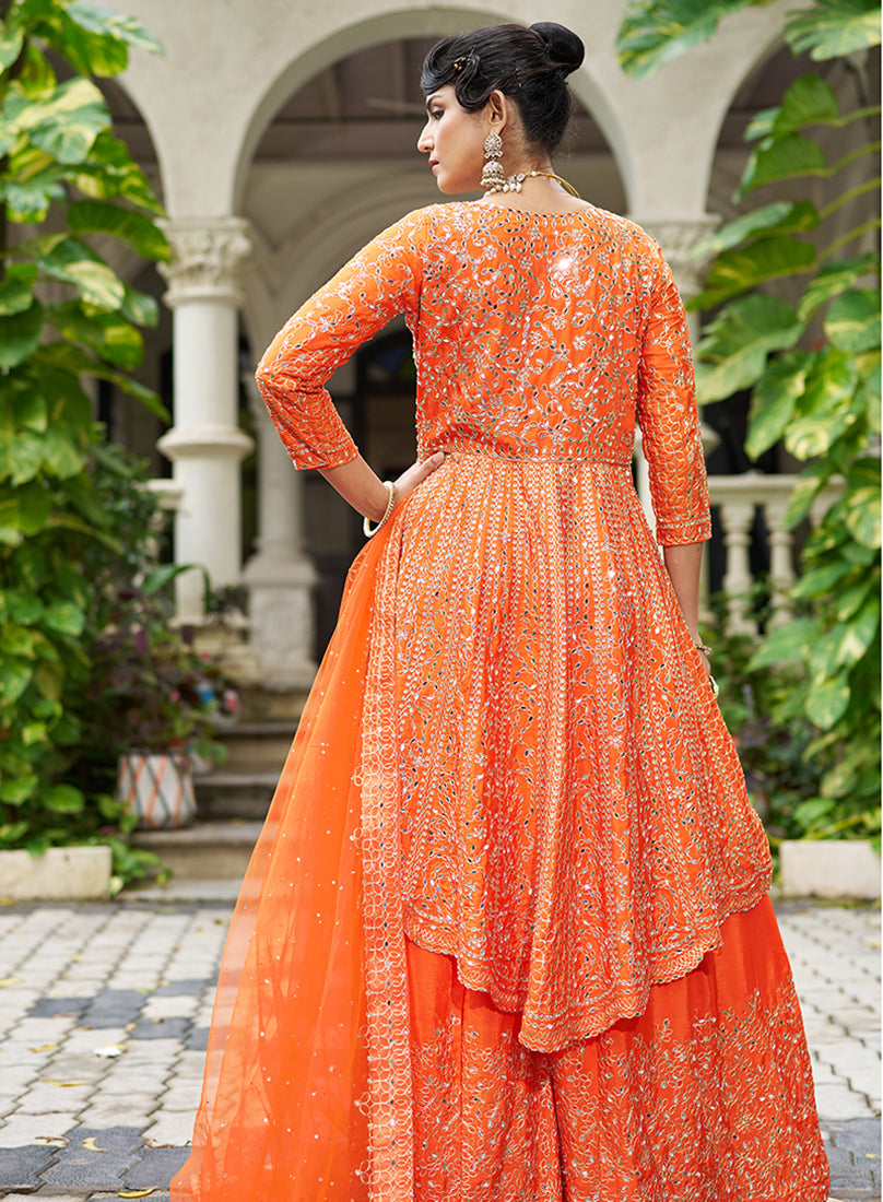 Chinon Embroidered Orange Readymade Palazzo Suit - Monjolika Fashion