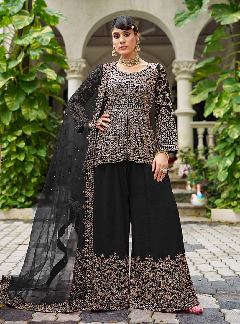Chinon Embroidered Black Readymade Palazzo Suit - Monjolika Fashion