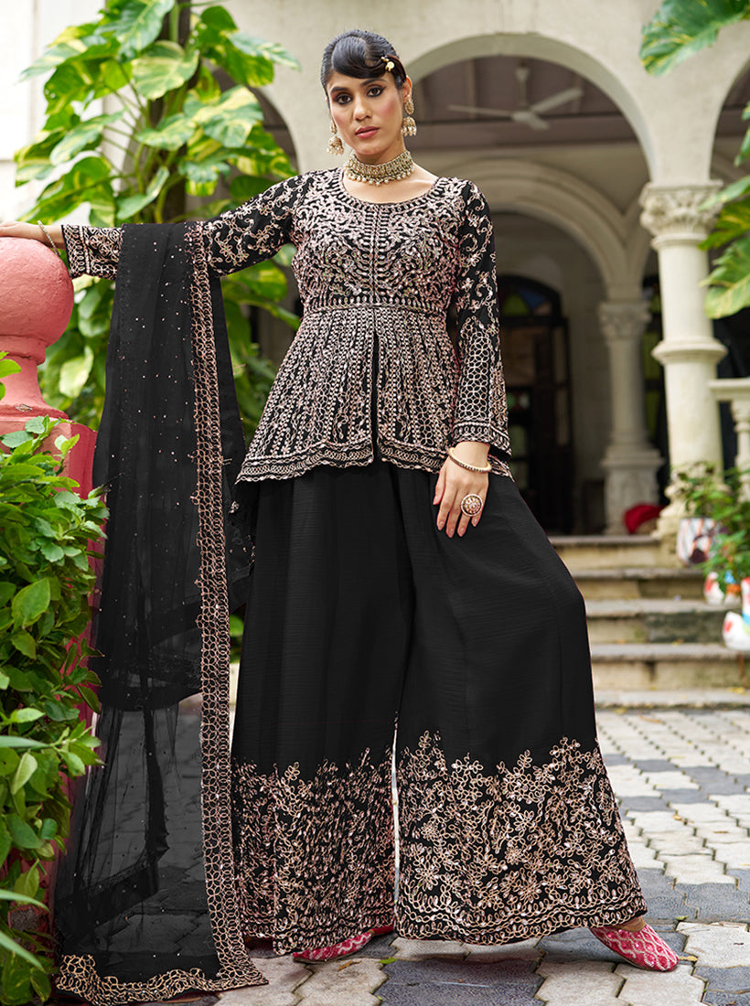 Chinon Embroidered Black Readymade Palazzo Suit - Monjolika Fashion