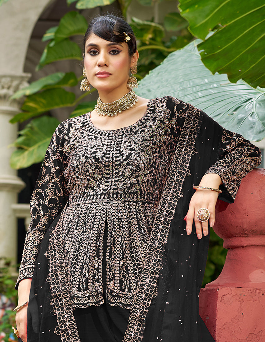 Chinon Embroidered Black Readymade Palazzo Suit - Monjolika Fashion
