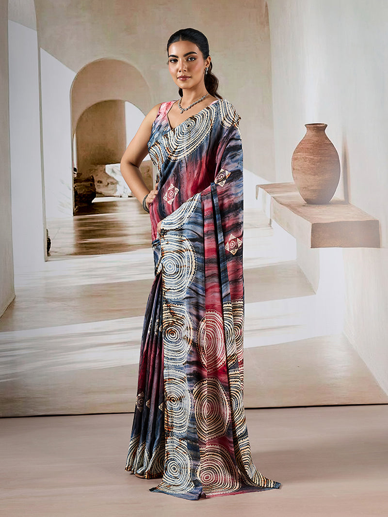 Black Color Printed Satin Saree - Monjolika Fashion