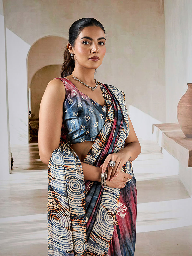 Black Color Printed Satin Saree - Monjolika Fashion