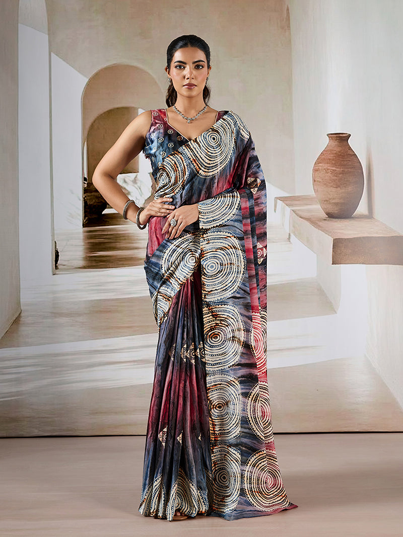 Black Color Printed Satin Saree - Monjolika Fashion