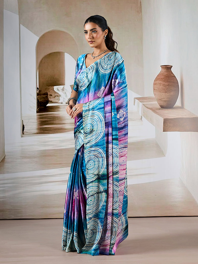 Blue colour Printed Satin Saree - Monjolika Fashion