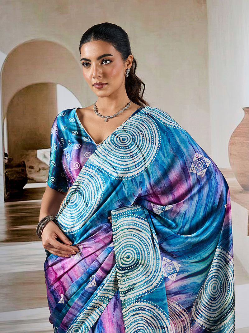 Blue colour Printed Satin Saree - Monjolika Fashion