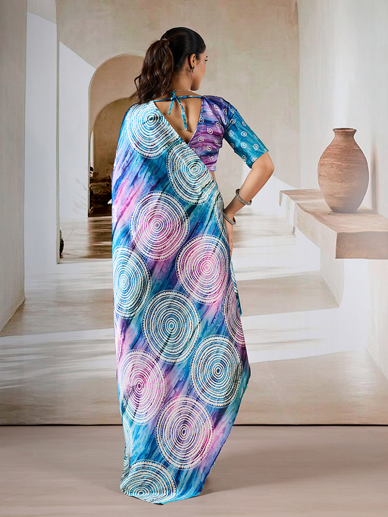 Blue colour Printed Satin Saree - Monjolika Fashion