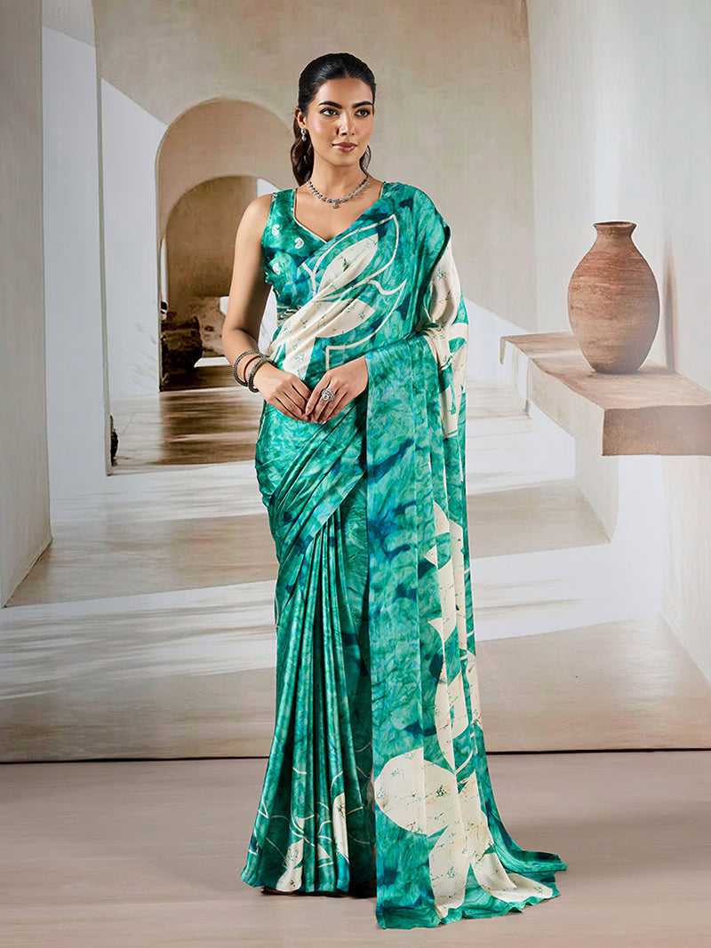 Sea Green Printed Satin Saree - Monjolika Fashion