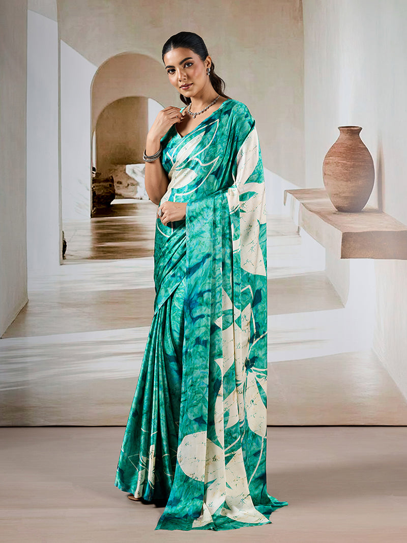 Sea Green Printed Satin Saree - Monjolika Fashion