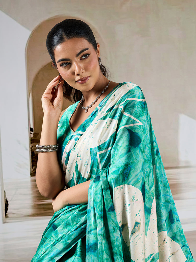 Sea Green Printed Satin Saree - Monjolika Fashion