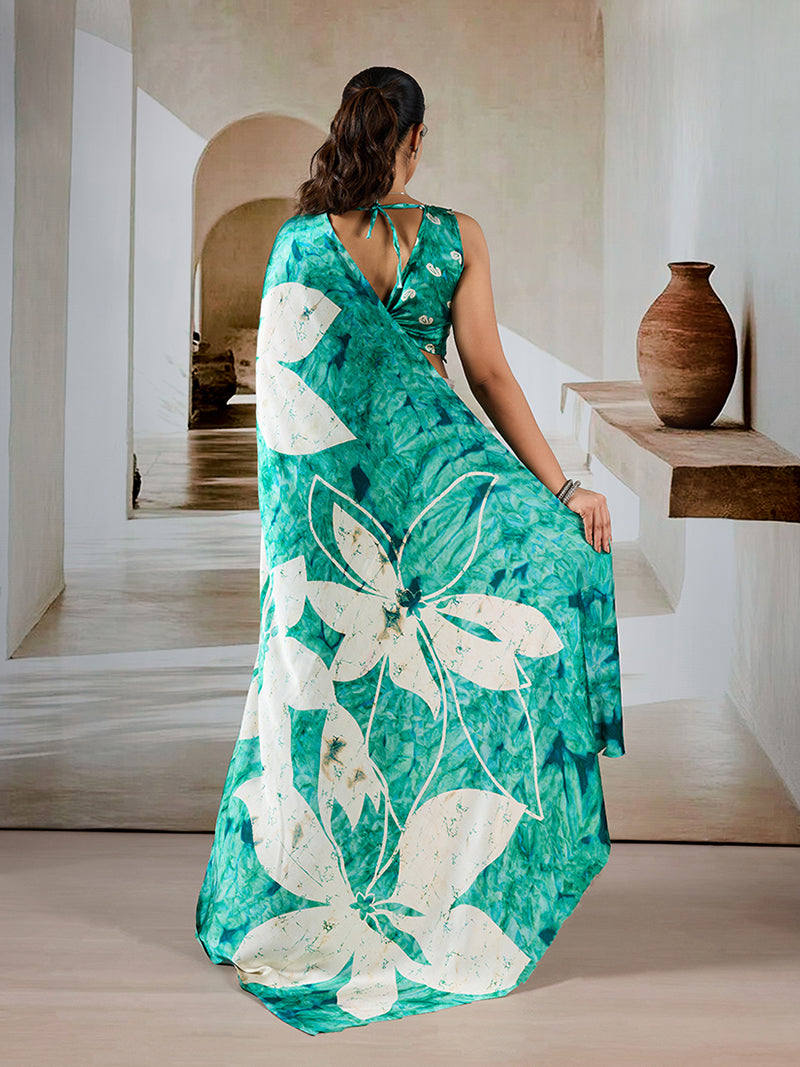Sea Green Printed Satin Saree - Monjolika Fashion