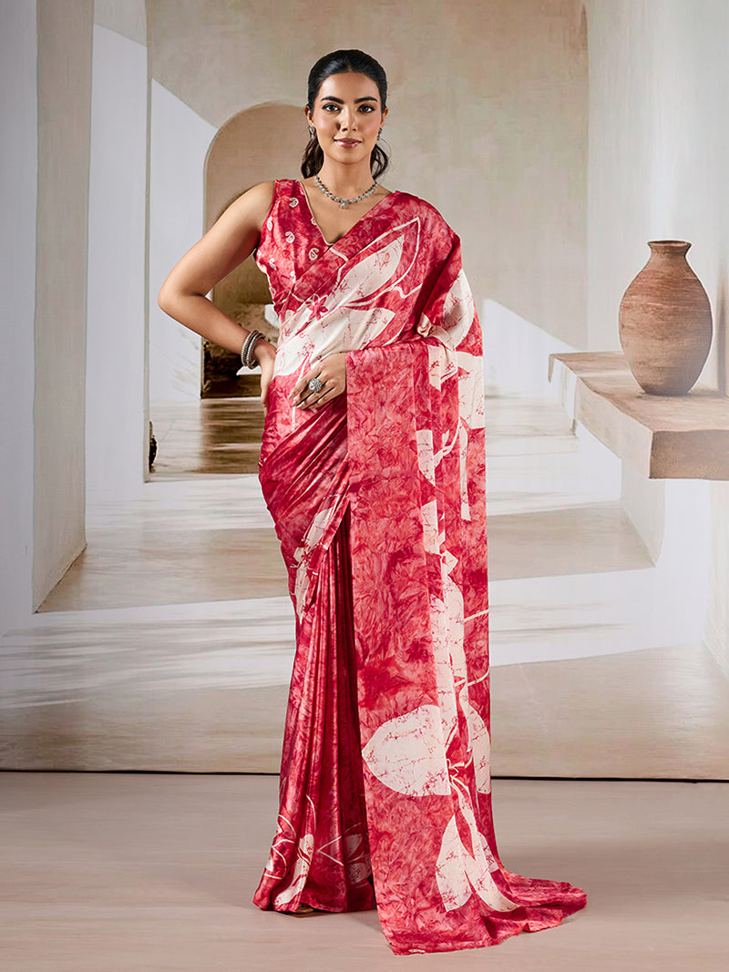 Red Printed Satin Saree - Monjolika Fashion