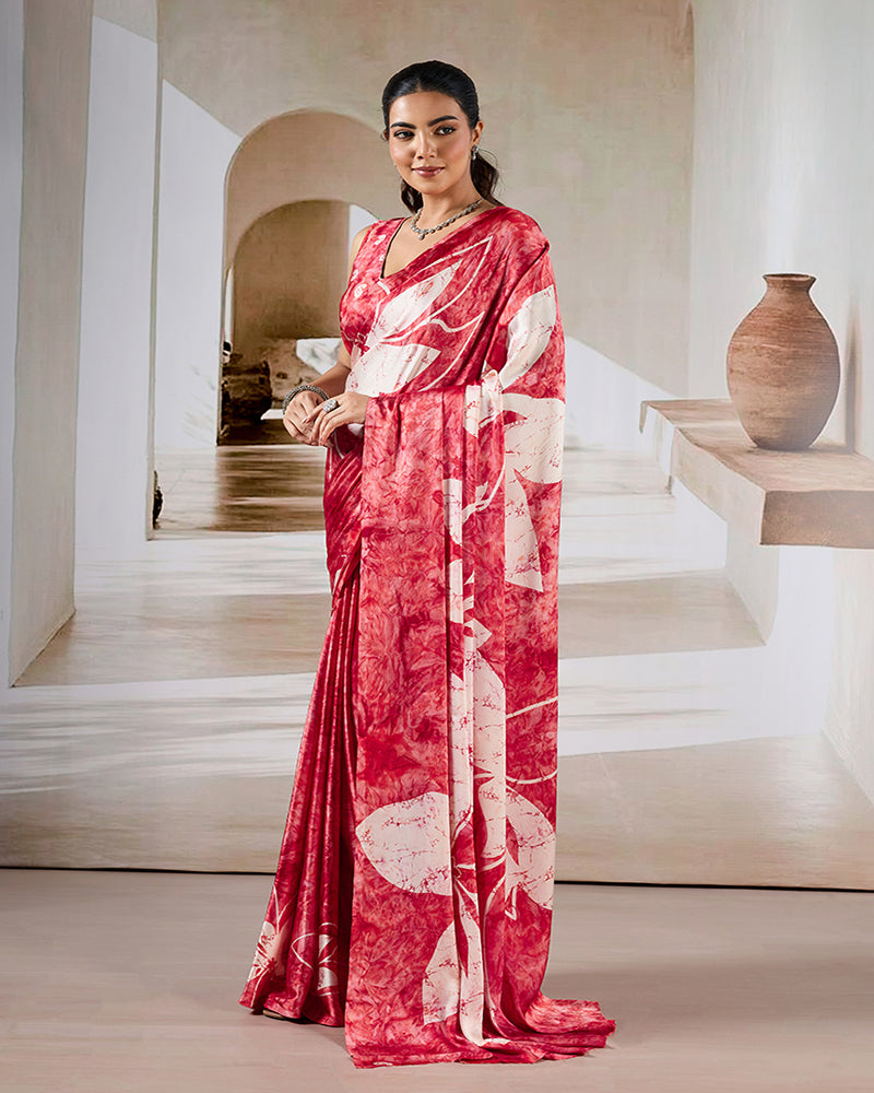 Red Printed Satin Saree - Monjolika Fashion