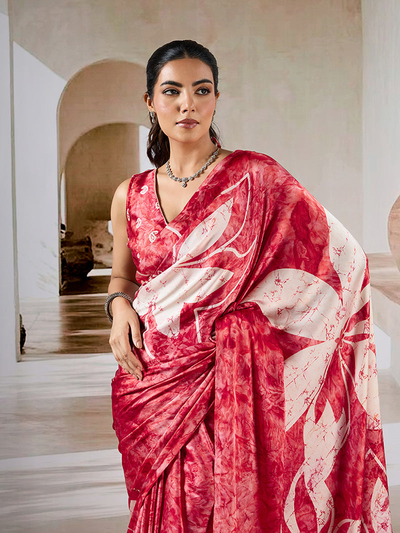 Red Printed Satin Saree - Monjolika Fashion