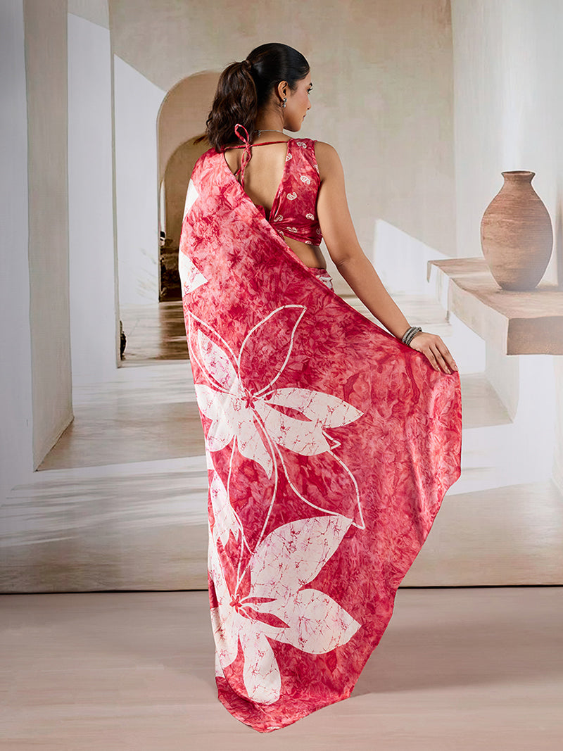 Red Printed Satin Saree - Monjolika Fashion