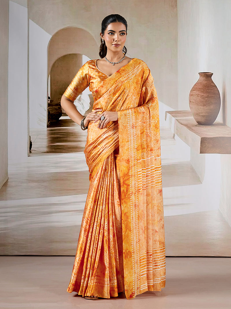 Orange Printed Satin Saree - Monjolika Fashion