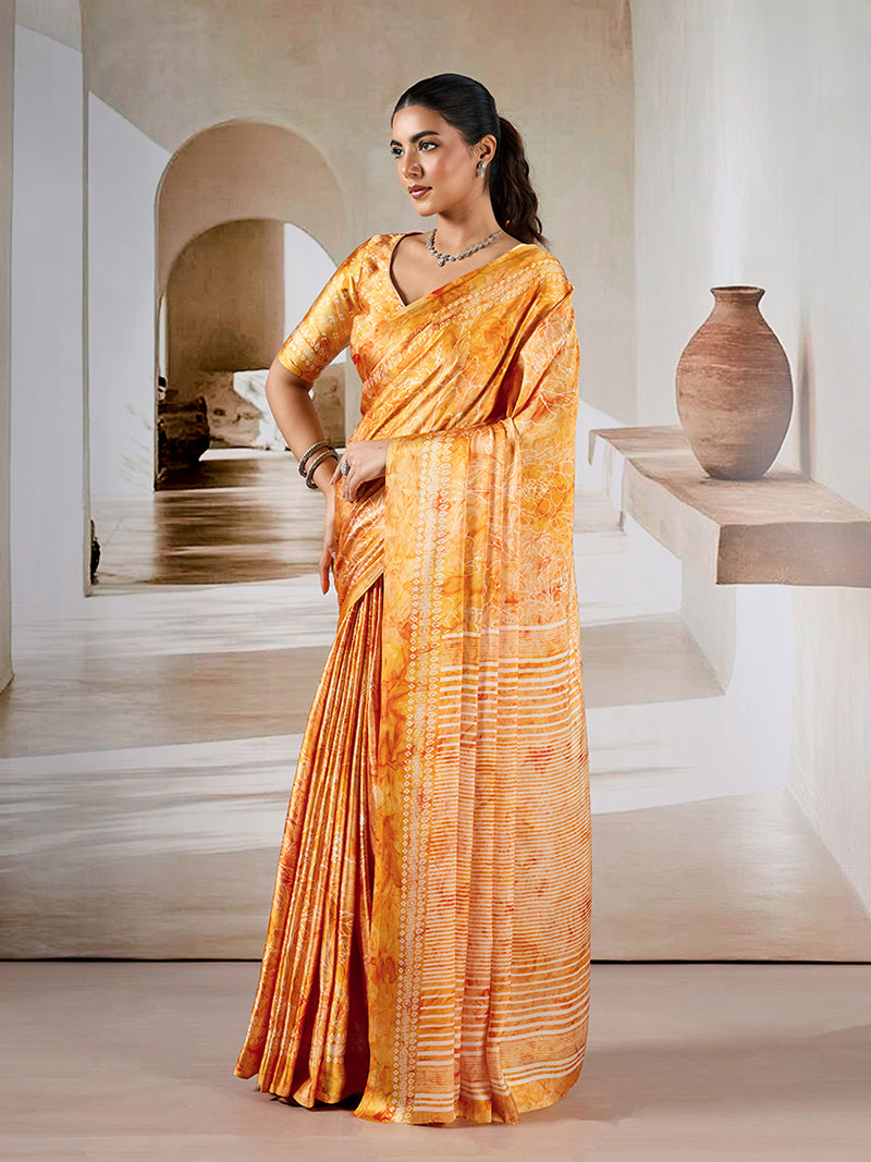 Orange Printed Satin Saree - Monjolika Fashion