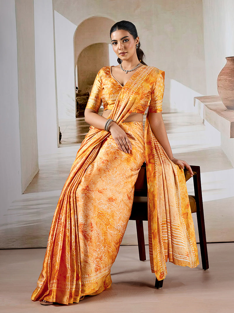 Orange Printed Satin Saree - Monjolika Fashion