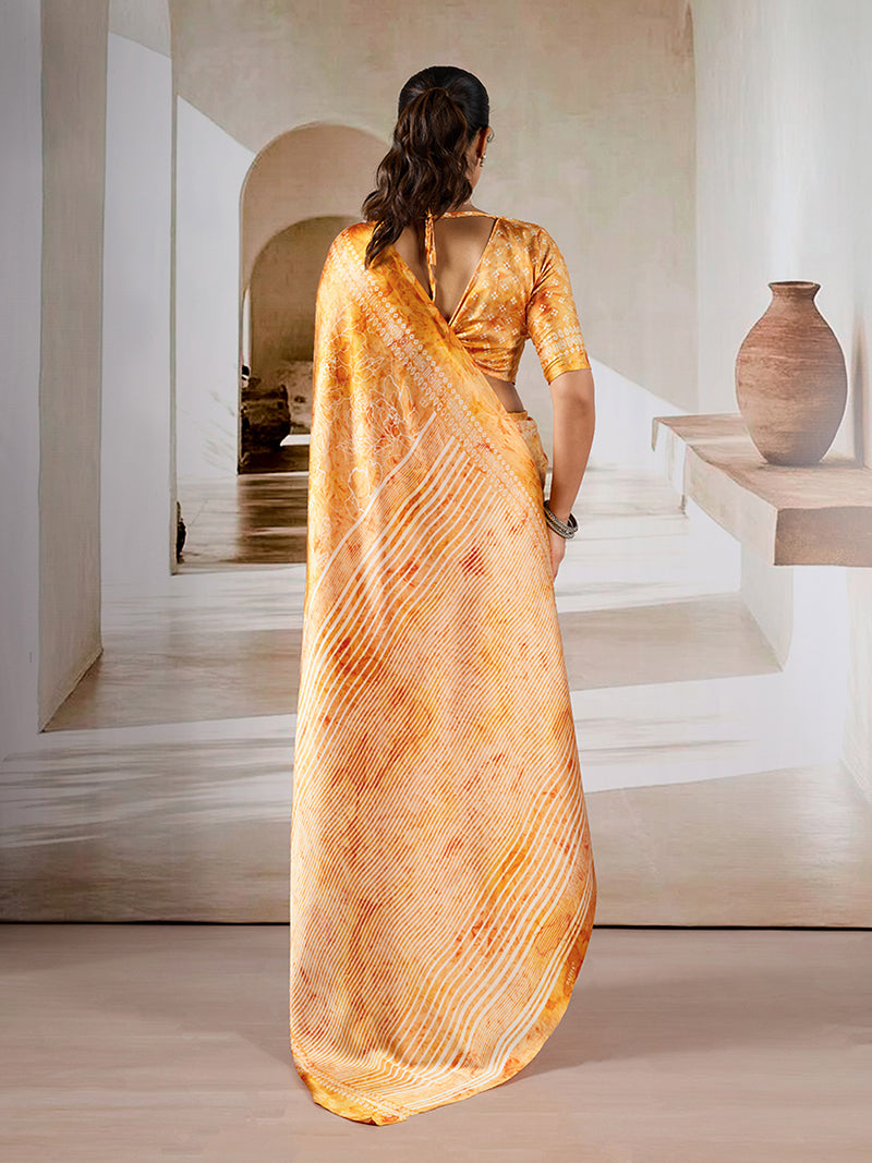 Orange Printed Satin Saree - Monjolika Fashion