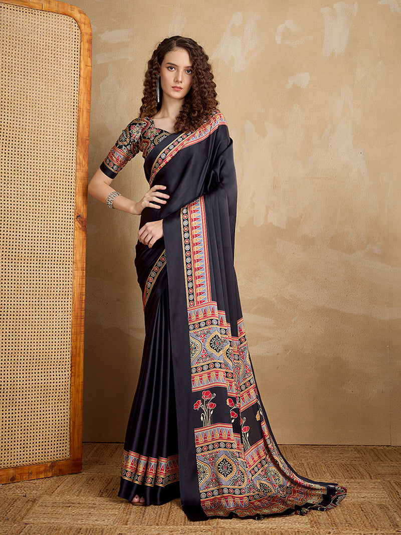 Black Printed Satin Saree - Monjolika Fashion