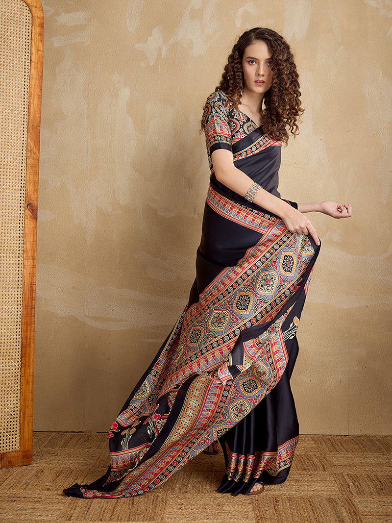Black Printed Satin Saree - Monjolika Fashion