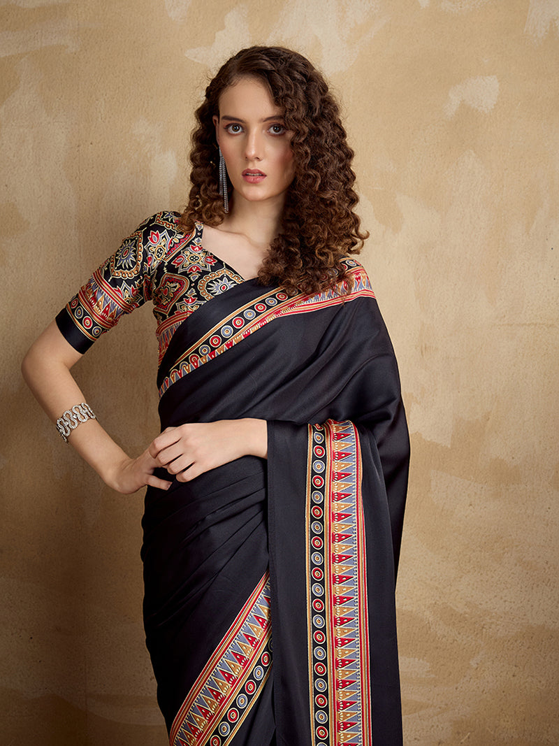 Black Printed Satin Saree - Monjolika Fashion