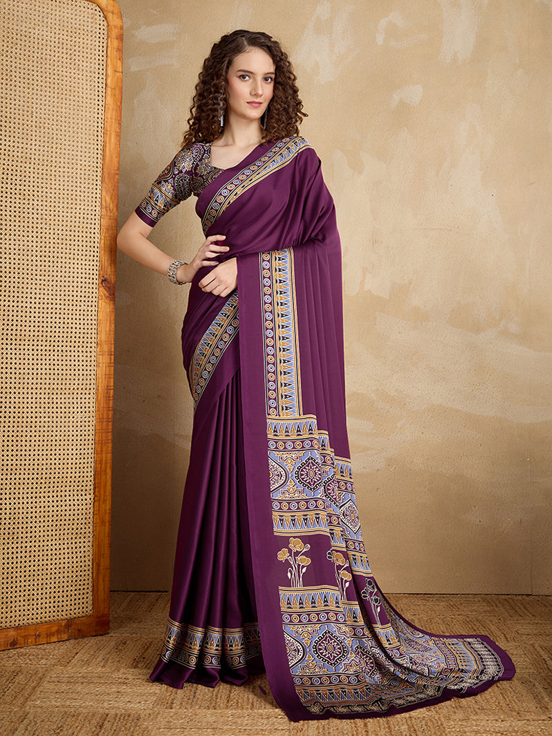 Purple Printed Satin Saree - Monjolika Fashion