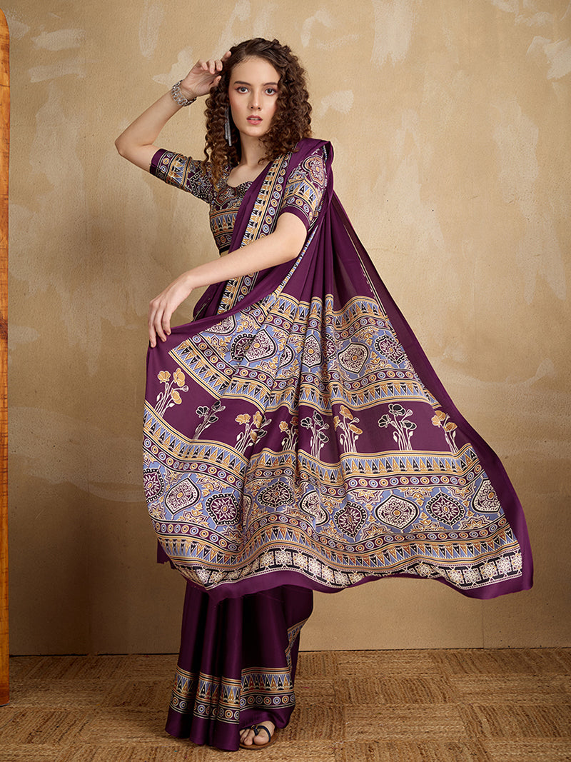 Purple Printed Satin Saree - Monjolika Fashion