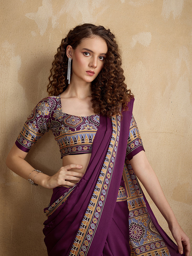 Purple Printed Satin Saree - Monjolika Fashion