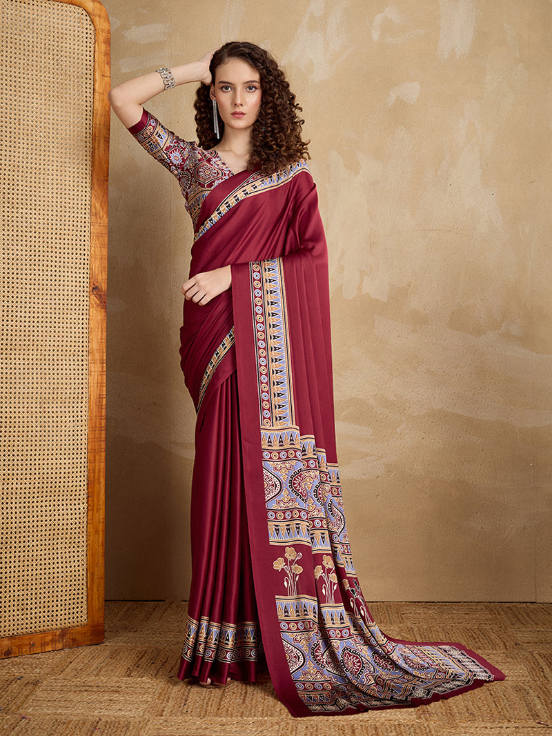 Maroon Printed Satin Saree - Monjolika Fashion
