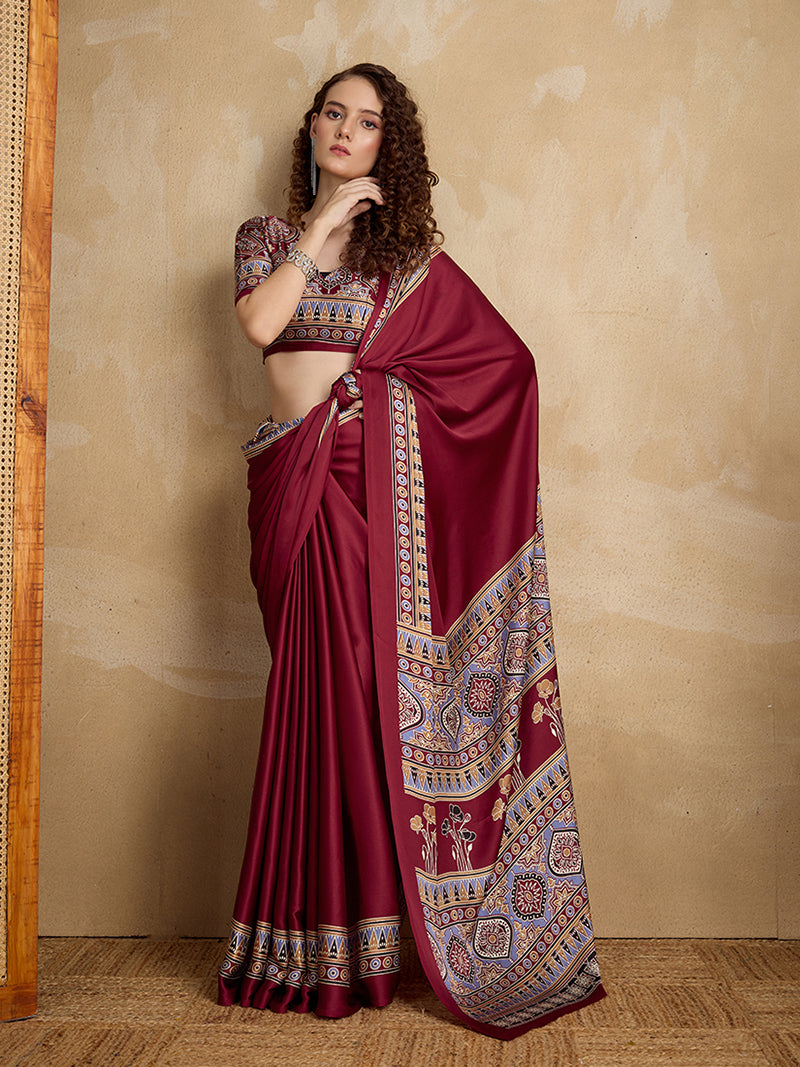 Maroon Printed Satin Saree - Monjolika Fashion
