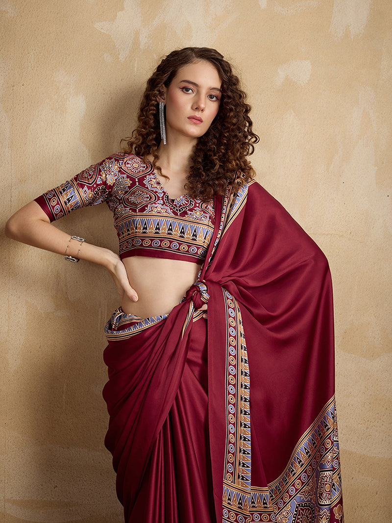 Maroon Printed Satin Saree - Monjolika Fashion