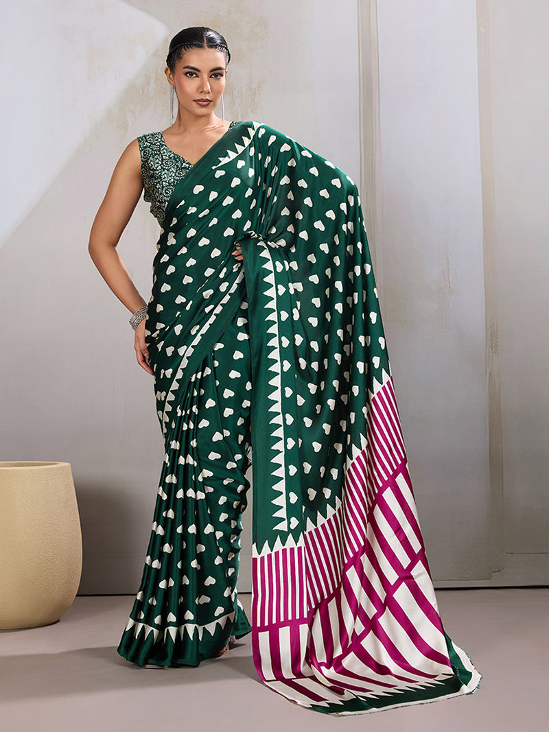 Dark Green Printed Satin Saree - Monjolika Fashion