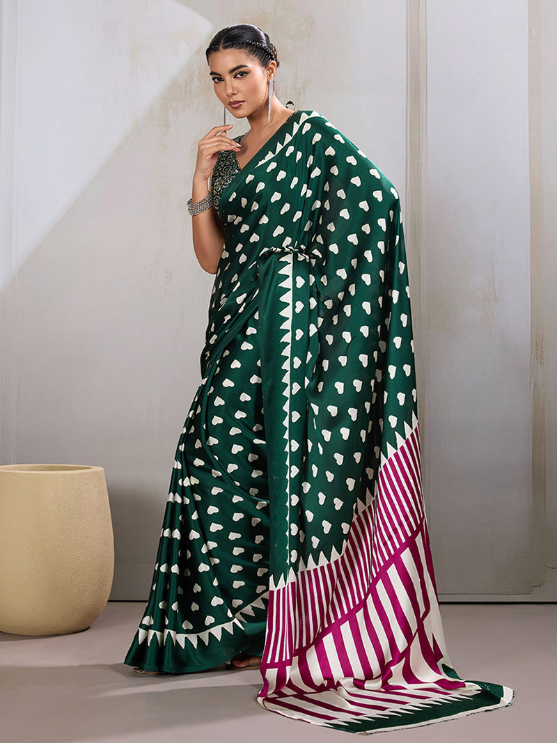 Dark Green Printed Satin Saree - Monjolika Fashion