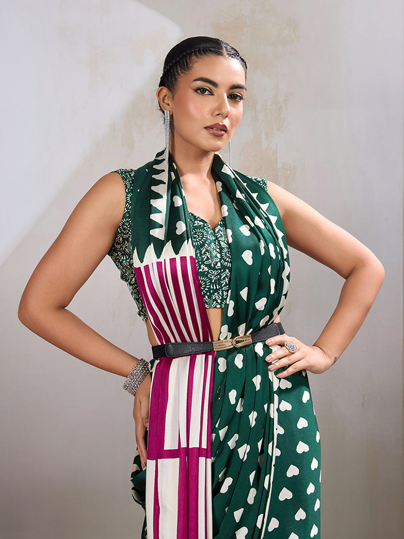 Dark Green Printed Satin Saree - Monjolika Fashion